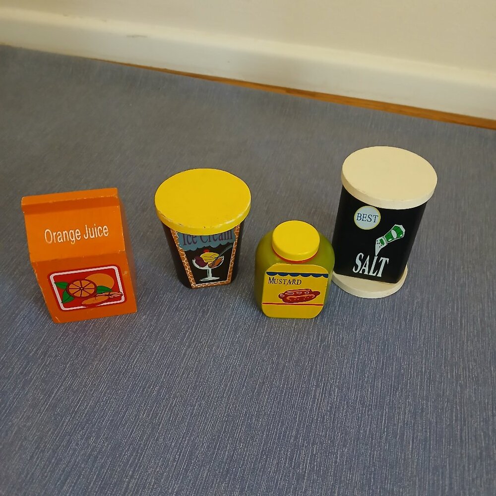 Wooden Pretend Food: Orange Juice + Ice Cream + Salt + Mustard x 4